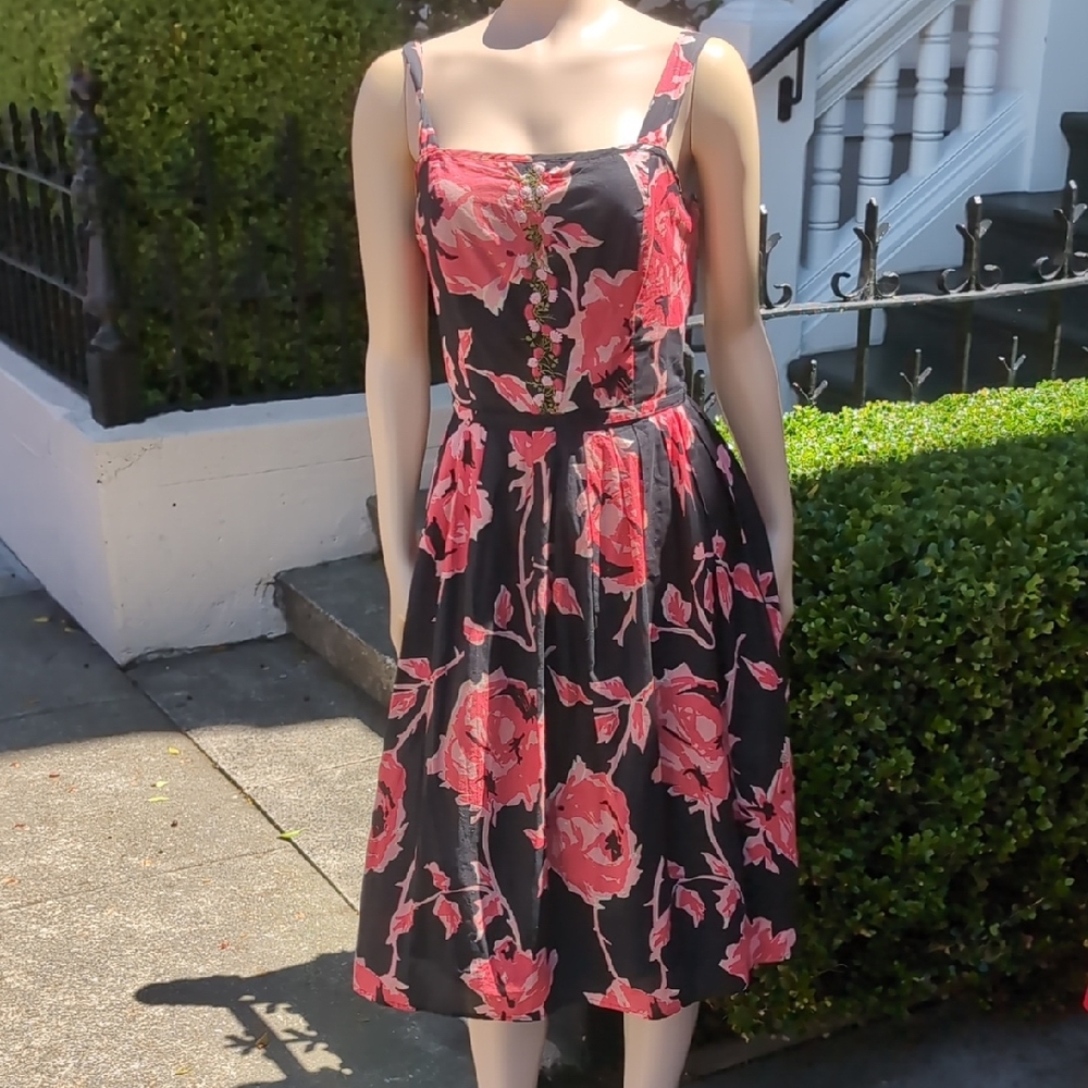Tabitha For Anthropology - Black and Pink Floral Midi Dress
